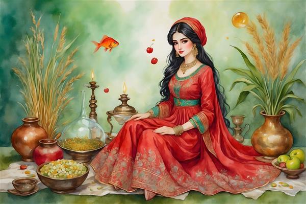 تبریک سال نو با نقاشی آبرنگی از دختر ایرانی و هفت سین رنگارنگ