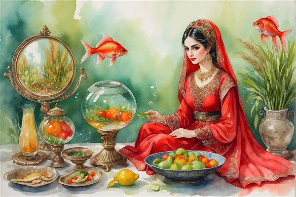 نقاشی آبرنگی از دختر ایرانی در حال چیدن سبزه برای عید نوروز
