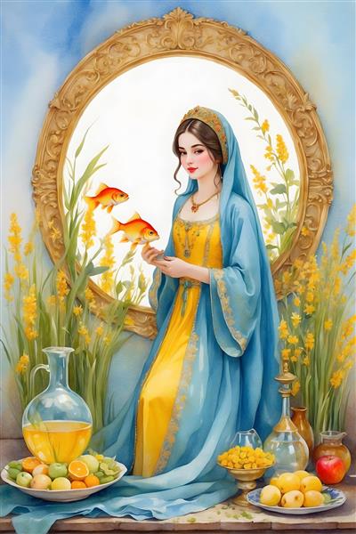 تبریک سال نو با نقاشی آبرنگ از دختر ایرانی با لباس محلی و تنگ ماهی