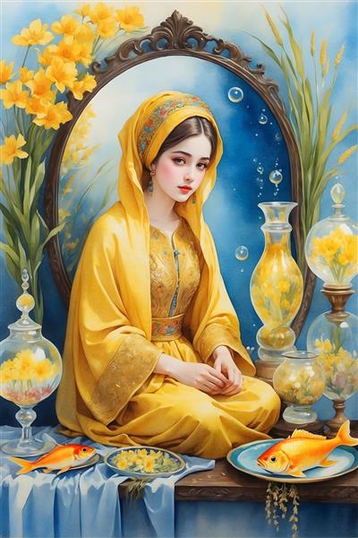 نمادهای نوروز در نقاشی آبرنگ از دختر ایرانی با لباس محلی زرد و سفره هفت سین