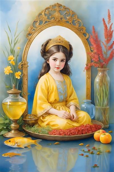 نقاشی آبرنگ از آیین های سنتی ایرانی در روز عید نوروز با حضور دختر ایرانی با لباس محلی زرد