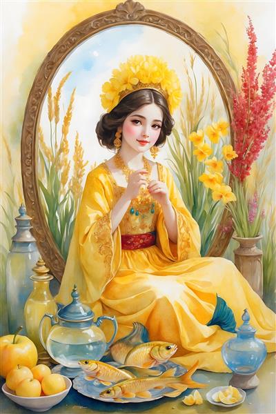 تبریک عید نوروز با نقاشی آبرنگ از دختر ایرانی با لباس محلی زرد و سفره هفت سین