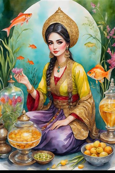 نقاشی آبرنگی از دختر جوان ایرانی با لباس سنتی و موهای بلند در نوروز