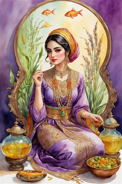 سینی هفت سین بنفش با نقاشی آبرنگی از دختر ایرانی زیبا در نوروز