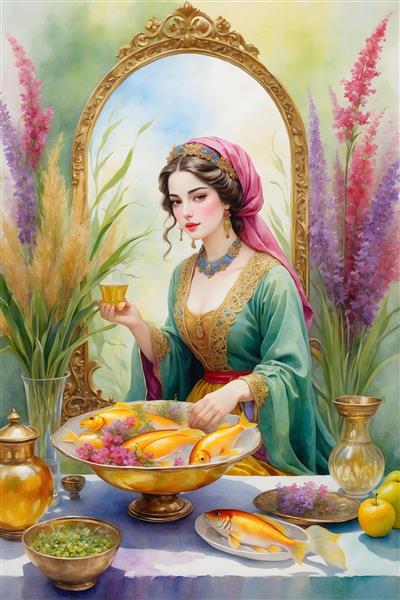 نقاشی آبرنگی از دختر ایرانی با موهای بلند و شال بنفش، نماد زیبایی و شادابی