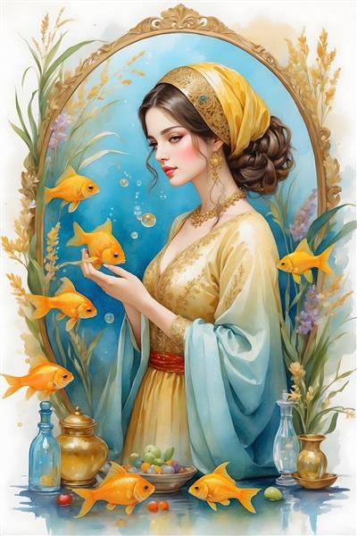 نقاشی آبرنگی دختر ایرانی با لباس محلی طلایی نوروز ماهی هفت سین