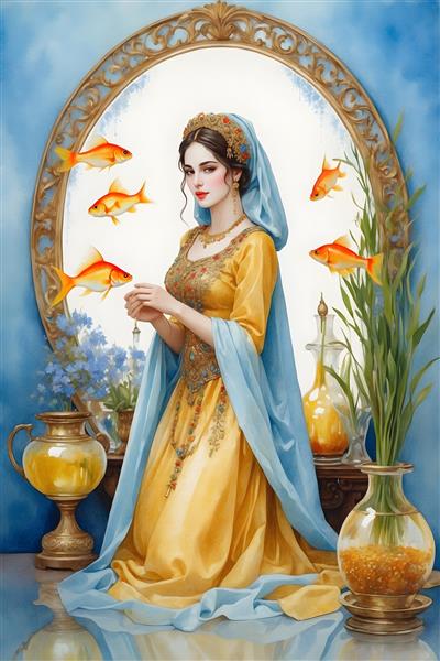 تبریک عید نوروز با نقاشی آبرنگ از دختر ایرانی با لباس محلی و ماهی قرمز