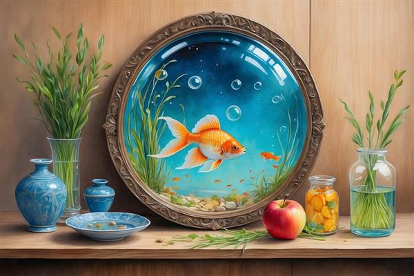 تصویرسازی دیجیتال سفره هفت سین با نوروز، ماهی قرمز و زمینه چوبی