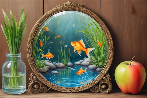 تنگ ماهی نوروزی با سیب و سبزه در قاب آیینه با زمینه چوبی