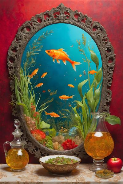 دکور نوروزی با تنگ ماهی، سیب و سبزه در نقاشی دیجیتال با قاب آیینه