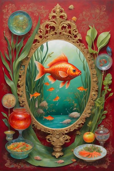 نقاشی نوروزی با سیب و ماهی قرمز در قاب آیینه