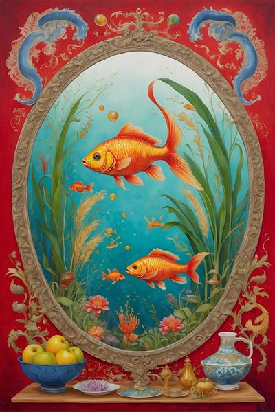 تصویرسازی دیجیتال نوروز با ماهی قرمز در زمینه قرمز، نماد عید ایرانی