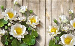 تصویر 1 از گالری عکس پوستر دیواری سه بعدی گل های هلندی سفید و برگ های سبز در پس زمینه طرح چوب