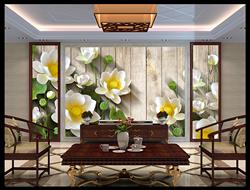 تصویر 5 از گالری عکس پوستر دیواری سه بعدی گل های هلندی سفید و برگ های سبز در پس زمینه طرح چوب