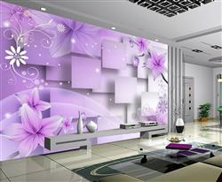 تصویر 2 از گالری عکس پوستر دیواری سه بعدی گل ها و وکعب های بنفش