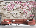 تصویر 2 از گالری عکس پوستر دیواری سه بعدی نقاشی درخت با گل های صورتی و پس زمینه دیوار