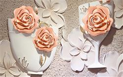 تصویر 1 از گالری عکس پوستر دیواری سه بعدی گل های هلندی صورتی و گلدان سفید