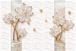 تصویر 1 از گالری عکس پوستر دیواری سه بعدی گل های هلندی سفید و شاخه های طلایی