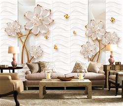 تصویر 3 از گالری عکس پوستر دیواری سه بعدی گل های هلندی سفید و شاخه های طلایی