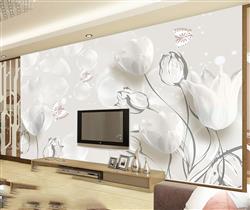 تصویر 2 از گالری عکس پوستر دیواری سه بعدی گل های سفید با تم خاکستری