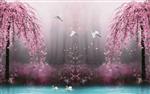 تصویر 1 از گالری عکس پوستر دیواری سه بعدی درخت شکوفه های صورتی در اب و پرندگان