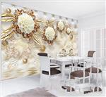تصویر 4 از گالری عکس پوستر دیواری سه بعدی قوها و گل های سفید و طلایی جواهرنشان با پس زمینه چرمی