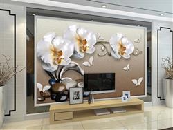 تصویر 3 از گالری عکس پوستر دیواری سه بعدی گل های سفید طلایی و پروانه های سفید