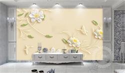 تصویر 2 از گالری عکس پوستر دیواری سه بعدی گل های سفید و زرد با پس زمینه کرم با نوشته های چینی