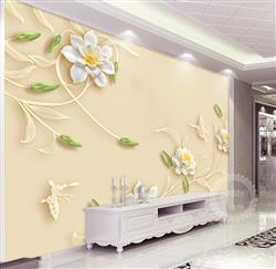 تصویر 3 از گالری عکس پوستر دیواری سه بعدی گل های سفید و زرد با پس زمینه کرم با نوشته های چینی