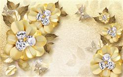 تصویر 1 از گالری عکس پوستر دیواری سه بعدی گل های طلایی با الماس های وسط و پروانه ها