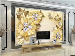 تصویر 3 از گالری عکس پوستر دیواری سه بعدی گل های طلایی با الماس های وسط و پروانه ها