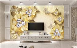 تصویر 4 از گالری عکس پوستر دیواری سه بعدی گل های طلایی با الماس های وسط و پروانه ها