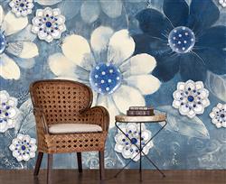 تصویر 3 از گالری عکس پوستر دیواری سه بعدی گل های سفید آبی با پس زمینه نقاشی شده