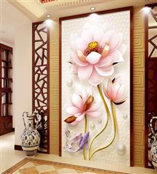 تصویر 3 از گالری عکس پوستر دیواری سه بعدی گل های صورتی با تم نقاشی و ساقه های طلایی