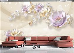 تصویر 3 از گالری عکس پوستر دیواری سه بعدی گل های بنفش با برگ های سفید براق و آب