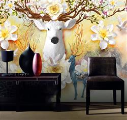 تصویر 10 از گالری عکس پوستر دیواری سه بعدی سر گوزن و گل های زرد و سفید