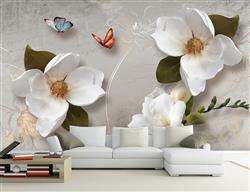 تصویر 2 از گالری عکس پوستر دیواری سه بعدی گل های سفید با برگ های سبز