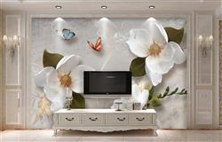 تصویر 4 از گالری عکس پوستر دیواری سه بعدی گل های سفید با برگ های سبز