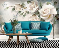 تصویر 5 از گالری عکس پوستر دیواری سه بعدی نقاشی گل های سفید با برگ های سبز و پس زمینه ی همرنگ