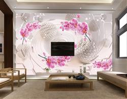 تصویر 2 از گالری عکس پوستر دیواری سه بعدی گل های صورتی با پس زمینه ی نقره ای