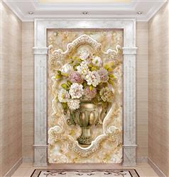 تصویر 3 از گالری عکس پوستر دیواری سه بعدی گلدان نقاشی شده ی بژ با گل های صورتی و سفید