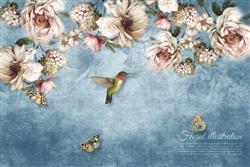 تصویر 1 از گالری عکس پوستر دیواری سه بعدی نقاشی گل های سفید و صورتی با پس زمینه ی آبی دودی