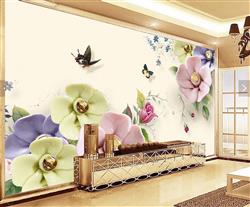 تصویر 2 از گالری عکس پوستر دیواری سه بعدی گل های سبز و بنفش صورتی