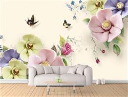 تصویر 3 از گالری عکس پوستر دیواری سه بعدی گل های سبز و بنفش صورتی