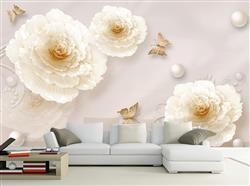 تصویر 3 از گالری عکس پوستر دیواری سه بعدی گل های سفید و اجسام کروی با پروانه های بژ