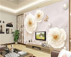 تصویر 4 از گالری عکس پوستر دیواری سه بعدی گل های سفید و اجسام کروی با پروانه های بژ
