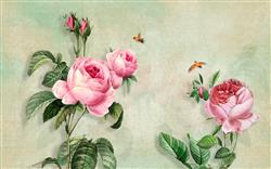 تصویر 1 از گالری عکس پوستر دیواری سه بعدی گل های صورتی با برگ های سبز