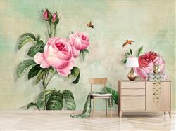 تصویر 3 از گالری عکس پوستر دیواری سه بعدی گل های صورتی با برگ های سبز