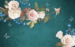 تصویر 1 از گالری عکس پوستر دیواری سه بعدی گل های رنگی و سفید با پس زمینه ی سبز آبی