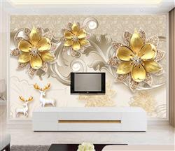 تصویر 3 از گالری عکس پوستر دیواری سه بعدی گل های طلایی و گوزن های سفید کوچک